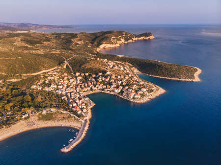 Drone view of Thasos Island, Greece. Skala Marion and Platanes Beach and harbour in southern Thasos,...