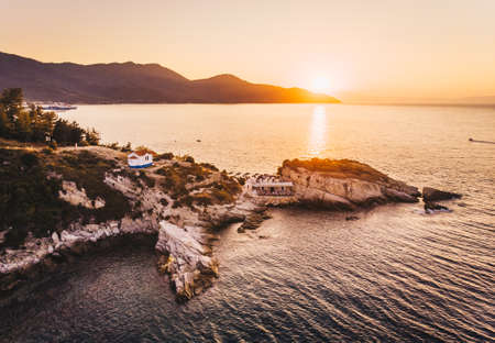 Aerial view of Karnagio Beach at sunset in Thasos, Greeceの写真素材