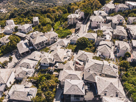 Greek traditional white houses with stone roofs in Panagia town, central Thasos Island, Greeceの写真素材
