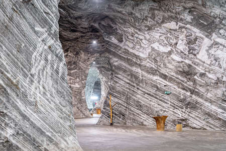 The underground tunnels inside the Ocnele Mari Salt Mine, Romaniaの写真素材