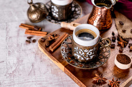 Turkish ground coffee cup on white backgroundの写真素材