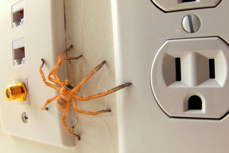 A Wolf Spider, native to Arizona, prowling the wall of a home looking for prey. Note how the...