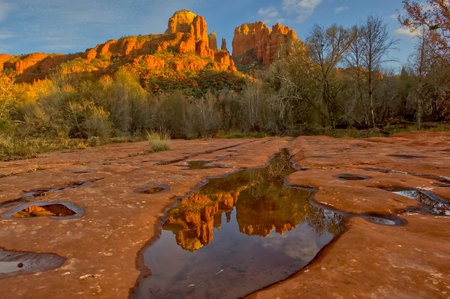 A reflection of Sedona's Cathedral Rock in a pool of water after a passing rain.の写真素材