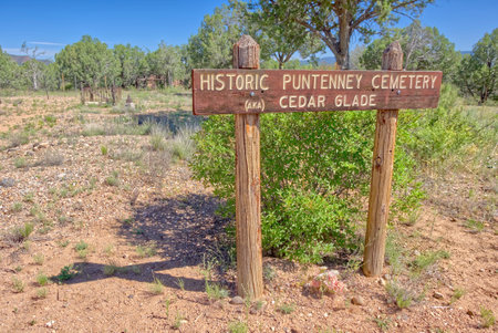 The entrance sign for the Historic Puntenney Cedar Glade Cemetery near Drake AZ. It is on National Forest Land and does not need a property release.の写真素材