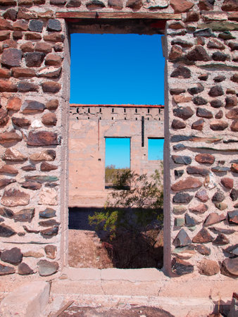 The stone doorways of an abandoned homestead in a remote area near Tonopah Arizona.の写真素材