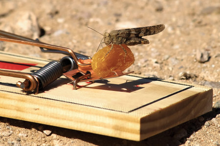 A Grasshopper native to Arizona precariously perched on a piece of bait in a Rat Trap.