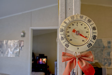 A thermometer inside the living room of an Arizona home showing the interior of the home baking at...