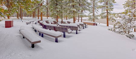 Snow covered amphitheater at Kaibab Lake in winter. Located near Williams Arizona.の写真素材