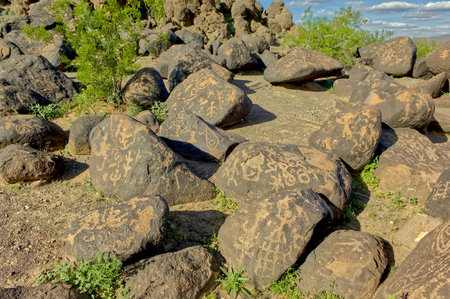 A closeup view of the petroglyph covered lava rocks of the Arizona landmark called Rocky Point. These petroglyphs are hundreds, if not thousands, of years old. Not much is known about the people who made them except that they lived here for a period of time and then mysteriously vanished. Rocky Point Arizona lies on public BLM Land north of Paloma and west of Gila Bend. Because it is public land no property release is necessary for this photo.の写真素材