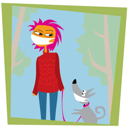 Walks with the dog in protective mask. life in quarantine. A young girl on self-quarantine. Covid-19. New reality. Normal life in isolation. Vector flat style illustration.のイラスト素材
