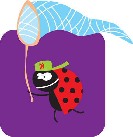 life of insects. beetle with a butterfly net on the hunt. vector drawing for Illustration.のイラスト素材