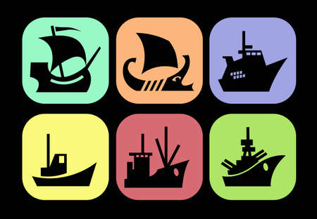 In the sea. Icons with images of various ships. Vector drawing for prints or illustrations.のイラスト素材