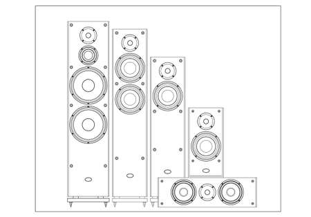 Sound shop. Front speaker. Acoustic system. Outline vector image for illustrations and infographics.のイラスト素材