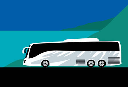 Tour bus service. Bus travel around the world. Vector drawing for prints or illustrations.のイラスト素材