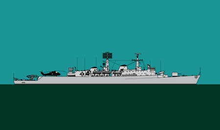 Navy escort ship. Silhouette of a modern military ship. Vector image for illustrations and infographics.のイラスト素材