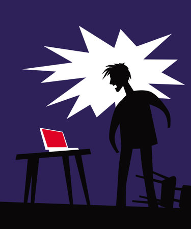 Bad news. Angry man in front of the computer. Vector image for illustrations.のイラスト素材
