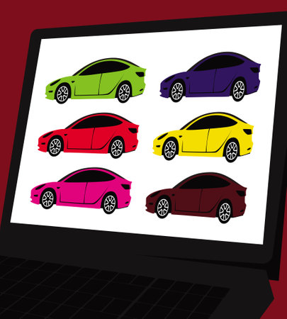A difficult choice. Car showroom website. Offer cars in different colors. Vector image for illustrations.のイラスト素材
