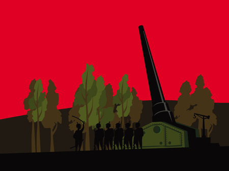 Old war movie. A Big Gun is ready to fire. Vector image for illustrations.のイラスト素材