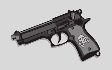 Handgun with a skull on the side. Small arm, sidearm, short-barreled firearm. Vector image for illustrations.のイラスト素材