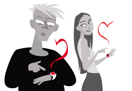 Communication with smart watches. The boy and the girl exchange messages. Vector image for illustrations.のイラスト素材