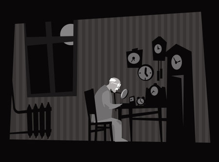 Workshop of an old watchmaker. Old room, old man, old watches. Vector image for illustrations.のイラスト素材