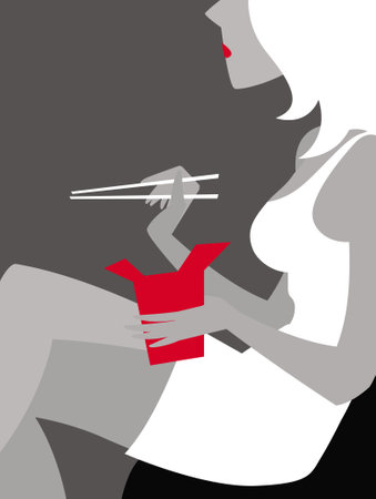 Woman with Thai food box and chopsticks. Vector image for illustrations.のイラスト素材