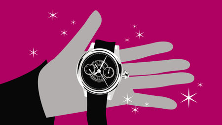 Expensive gift. Stylized drawing precious watch on the palm. Vector image for illustrations.のイラスト素材