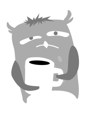 Hard morning. Sleeping owl with a mug of coffee. Vector image for   prints or illustrations.のイラスト素材