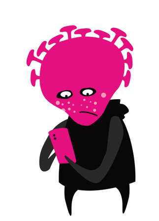Sad virus reads news about vaccination. Vector image for illustrations.のイラスト素材