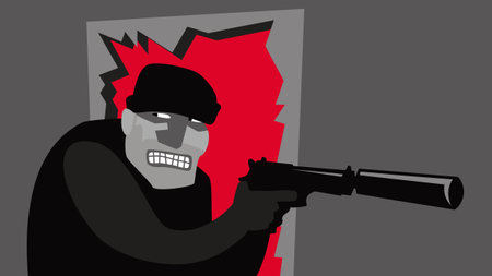 An armed robber breaks down the door. Crime, robbery, small arms. Vector image for illustrations.のイラスト素材
