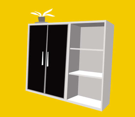 Office furniture. Stylized drawing of an office cabinet on a yellow background. Vector image for illustrations.のイラスト素材