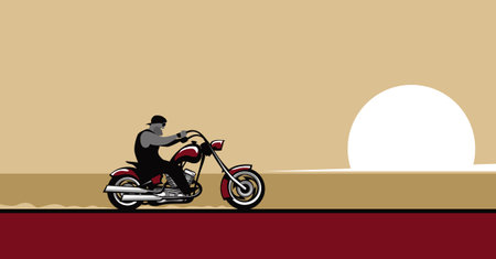 Travel to faraway. Freedom rider. A lone biker moves through the desert. Vector image for prints, poster and illustrations.のイラスト素材