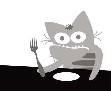 Cats life. Comic character. A gray cat holds a fork and waits for food. Vector image for prints, poster and illustrations.のイラスト素材