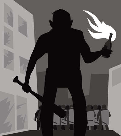 Violence on the streets. A protester with a Molotov cocktail against the police. Vector image for prints, poster and illustrations.のイラスト素材