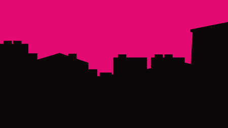 City. Black silhouette of houses on a background of pink sky. Vector image for prints, poster and illustrations.のイラスト素材