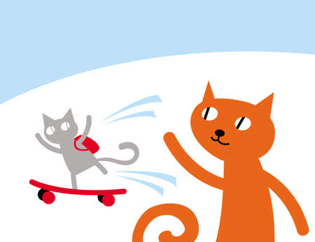 Cat's life. The red cat sends the kitten for a walk. Vector image for prints, poster and illustrations.のイラスト素材
