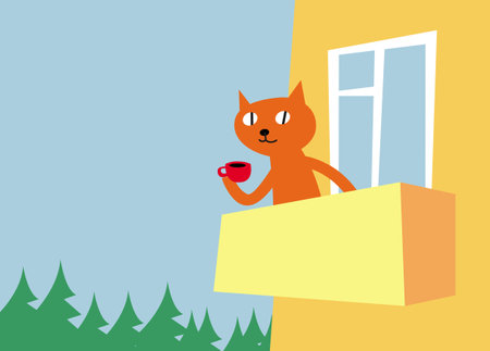 Cat's life. Fresh air. Red cat with a cup of coffee on the balcony of the house. Vector image for prints, poster and illustrations.のイラスト素材