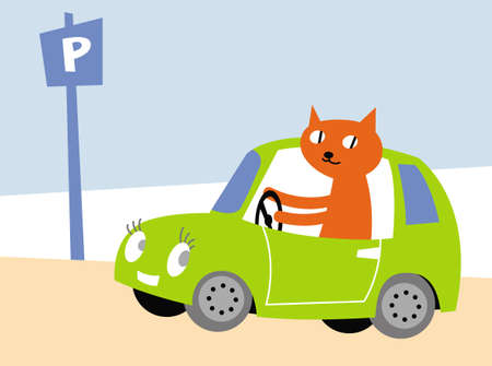 Cat's life. Red cat parks a cheerful green car. Vector image for prints, poster and illustrations.のイラスト素材