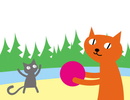 Cat's life. Red cat plays volleyball with a kitten by the river. Vector image for prints, poster and illustrations.のイラスト素材