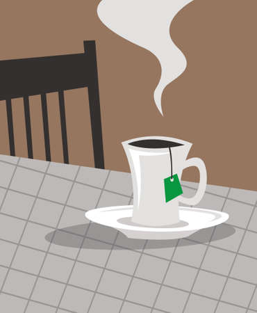 Early morning. Cup with fragrant tea on the table. Vector image for prints, poster and illustrations.のイラスト素材