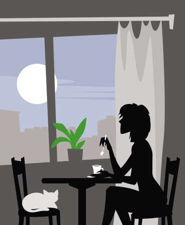 Morning over the city. Woman drinking coffee in the morning by the window with a white cat. Vector image for prints, poster and illustrations.のイラスト素材