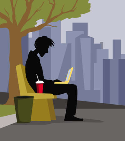 The boy is sitting in a city park with a laptop and a cup of coffee. Vector image for prints, poster and illustrations.のイラスト素材