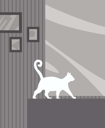 Interior of the apartment. Mirror, pictures on the wall. White cat walks on the furniture. Vector image for prints, poster and illustrations.のイラスト素材