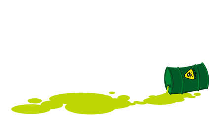 Ecological accident. Toxic substance leakage. Barrel with chemical. Vector image for prints, poster and illustrations.のイラスト素材