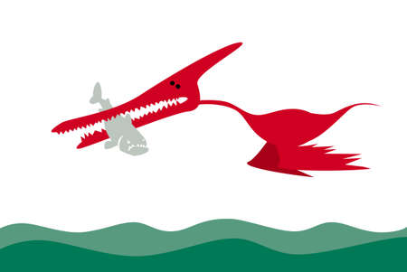 Prehistoric hunting. Flying dinosaur with its prey. Fishing. Vector images for prints, posters and illustrations.のイラスト素材