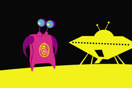 Friendly alien near his spaceship. A UFO in your backyard. Vector images for prints, posters and illustrations.のイラスト素材