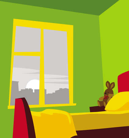 Cozy bedroom, green wallpaper, warm bed and a cold morning outside the window. Vector images for prints, posters and illustrations.のイラスト素材