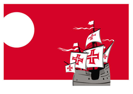 The era of great discoveries. Caravella in the calm sea is moving west. Sailing ship in the sea. Vector images for prints, posters and illustrations.のイラスト素材