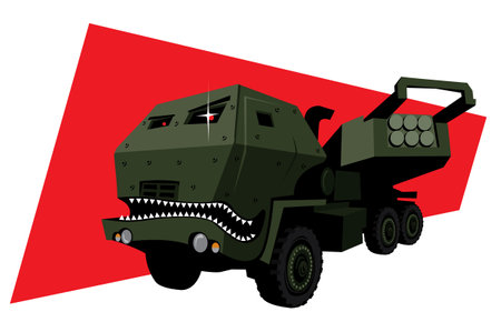 HIMARS. The real predator. Modern rocket launcher as a bloodthirsty monster. Vector images for prints, posters and illustrations.のイラスト素材