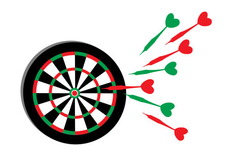 Darts. Multicolored darts fly to the target. Vector images for prints, posters and illustrations.のイラスト素材